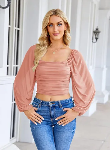 Vista 2 de Wenrine Blusa corta de malla de manga larga para mujer, para salir por la noche, cuello cuadrado, hombros descubiertos, blusa fruncida, elegante