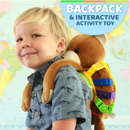 Vista 2 de Buckle Toys Mochila de oso - Mochila para niños pequeños y actividad de aprendizaje de animales de peluche, desarrolla habilidades motoras finas