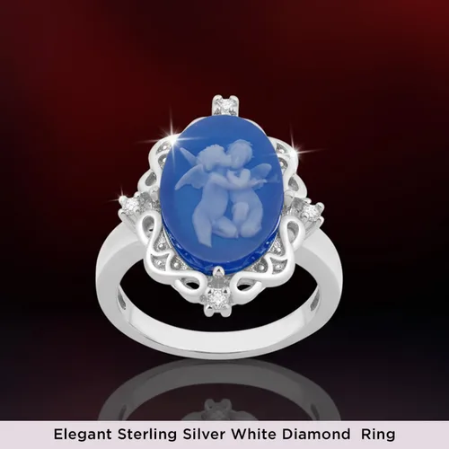 Vista 8 de Jewelili Anillo de plata de ley para mujer, camafeo de ágata rosa o azul y zafiro redondo blanco creado, joyería de lujo, caja de regalo incluida