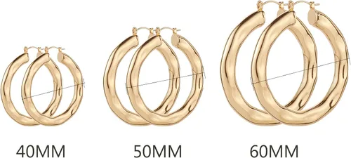 Vista 3 de Juego de 3 pares de aretes de aro grandes y gruesos para mujer, hipoalergénicos, chapados en oro de 14 quilates, gruesos y abiertos, para regalos