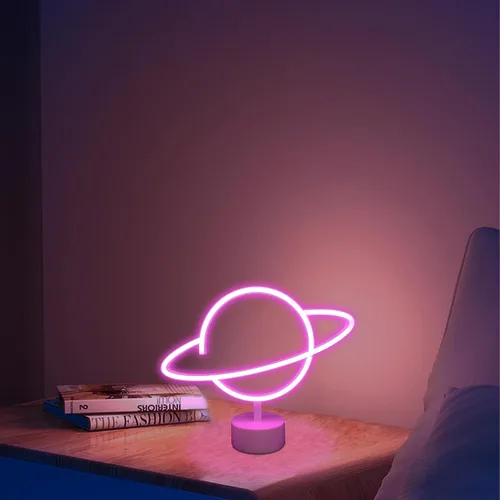 Vista 3 de ENUOLI Letreros de luz de neón de planeta rosa, luces de noche LED con pedestal, decoración de habitación, batería/operación USB, letreros de neón