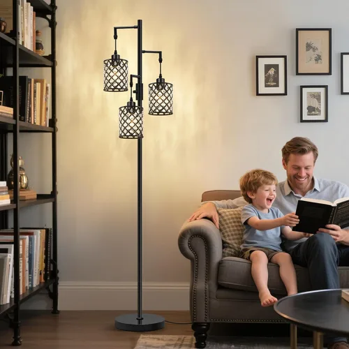 Vista 7 de Lámparas de pie de cristal GyroVu para sala de estar, lámpara de pie negra de 3 luces, lámpara alta de pie con elegante pantalla de cristal K9