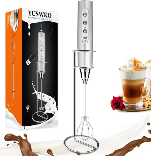 Vista 41 de YUSWKO Baby Blue - Varita espumadora de leche de mano para café, batidor eléctrico recargable con 3 cabezales, 3 velocidades, mezclador de bebidas