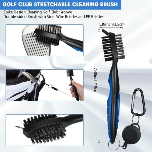 Vista 2 de Kit de limpieza de golf de 5 piezas, toalla de golf, cepillo retráctil para palos de golf, sacapuntas de ranura para ranuras U y V, herramienta