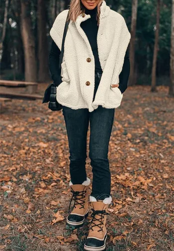 Vista 62 de Hongqizo - Chaleco de forro polar mullido para mujer, casual, de gran tamaño, cálido, con botones, chaqueta de sherpa con bolsillos