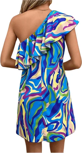 Vista 2 de Floerns Vestido tipo túnica con volantes y escalonado de un hombro para mujer