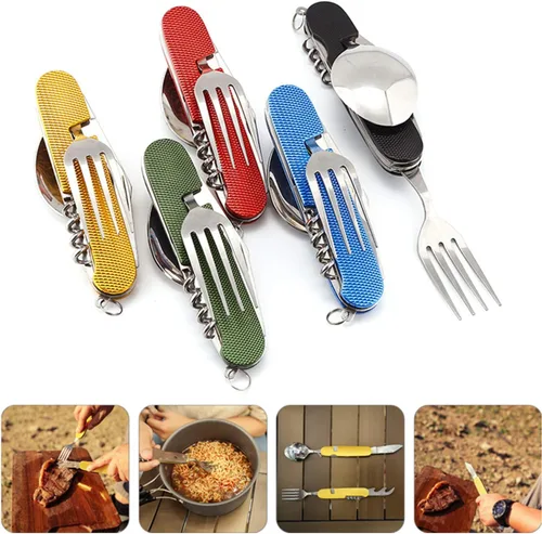 Vista 6 de Juego de cubiertos multifunción 6 en 1 para acampar, cuchara desmontable, tenedor, cuchillo, kit combinado con bolsa de transporte