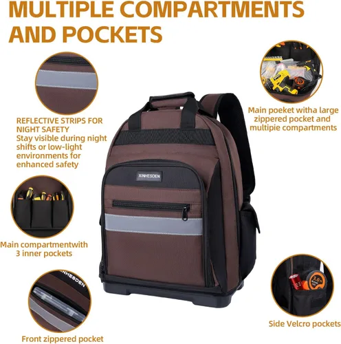 Vista 2 de Mochila para herramientas, mochila resistente con base moldeada impermeable, paquete de trabajo para electricistas con múltiples bolsillos