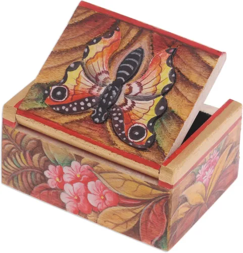 Vista 2 de NOVICA Joyero de mariposa de madera, multicolor, Butterfly Paradise