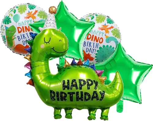 Vista 5 de 5 globos de dinosaurio de 35 pulgadas para decoración de cumpleaños para niños, globos de dinosaurio de papel de aluminio verde para Wild One Baby