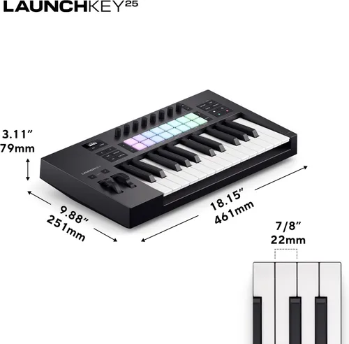 Vista 3 de Novation Launchkey 25 MK4 - Controlador de teclado compacto de 25 teclas, USB, MIDI con integración DAW. Modo acorde, modo de escala, 8 almohadillas