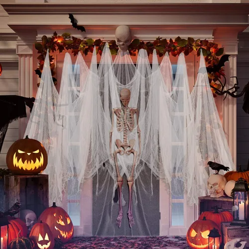Vista 5 de Whaline Tela espeluznante blanca de Halloween de 197 x 87 pulgadas, ropa de gasa espeluznante, decoración de Halloween para casas embrujadas