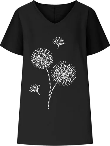 Vista 3 de Lastesso Camisas de lino de algodón para mujer, cuello en V, ajuste holgado, camiseta con estampado de diente de león, manga corta, casual, lisas