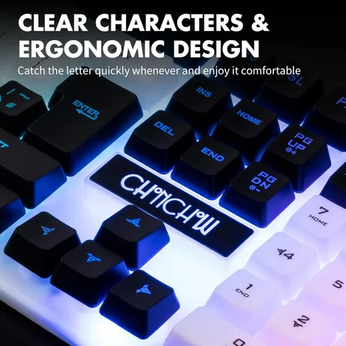 Vista 3 de CHONCHOW Combo de teclado y mouse para juegos, arco iris, retroiluminado, luz ambiental, caracteres iluminados, USB con cable, ratones, compatible
