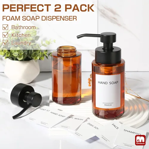 Vista 3 de GMISUN Dispensador de jabón espumoso de vidrio, dispensador de jabón de vidrio ámbar de 10 onzas líquidas para baño y cocina, paquete de 2