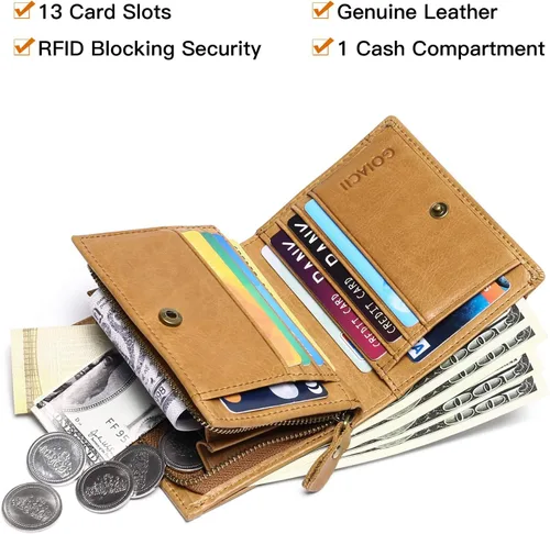 Vista 4 de GOIACII Carteras para hombres de gran capacidad de cuero genuino RFID plegable hombres billeteratitular de la tarjeta de crédito con ventana