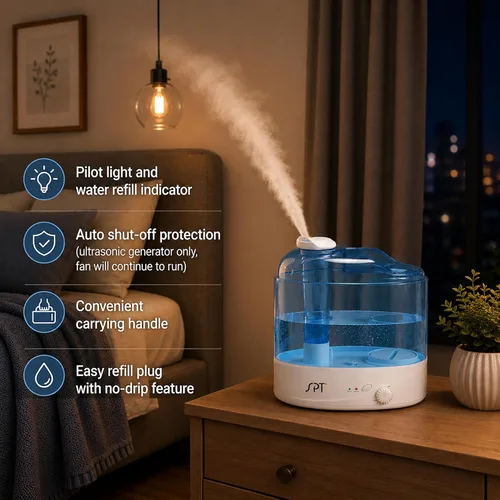 Vista 3 de SPT SU-2020: Humidificador ultrasónico de 2 galones, blanco/azul
