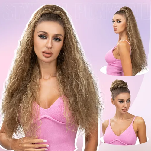 Vista 6 de Extensión de cola de caballo con cordón de 26 pulgadas de largo, esponjoso, ondulado, para mujeres negras, extensiones de cabello rizado para uso