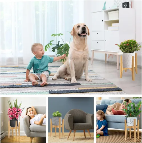 Vista 6 de OERGKE Soporte ajustable para plantas de interior, soportes de bambú modernos de mediados de siglo, soporte de flores de esquina para sala de estar
