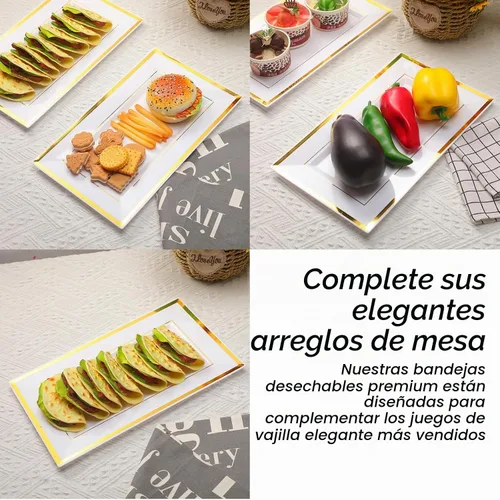 Vista 4 de Uiifan - 30 bandejas de plástico desechables para servir, borde dorado