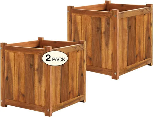 Vista 20 de Juego de 3 cajas de flores de madera para exteriores, macetas de barril de madera de acacia duraderas para plantas al aire libre con asas