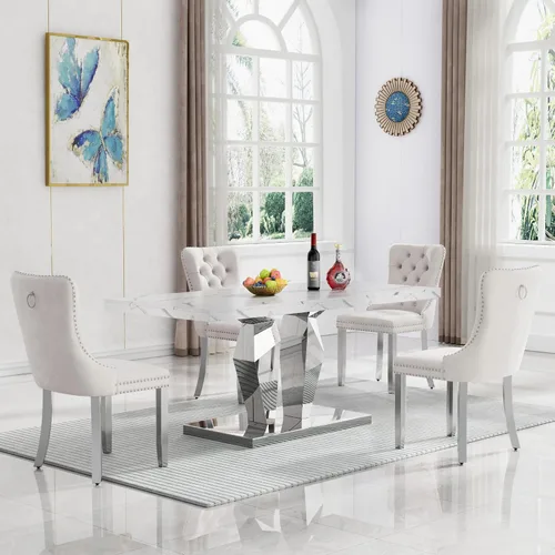 Vista 20 de Juego de 5 mesas de comedor de mármol sintético, juego de mesa de cocina y comedor para 4, mesa de comedor rectangular blanca de 70 pulgadas
