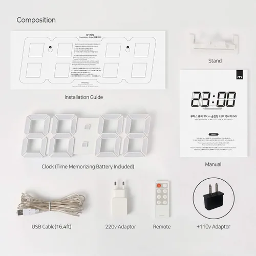 Vista 8 de mooas 3D Pure Slim M LED reloj, 11,8" reloj digital LED multifunción 11.8" Slim M Reloj de pared blanco con control remoto