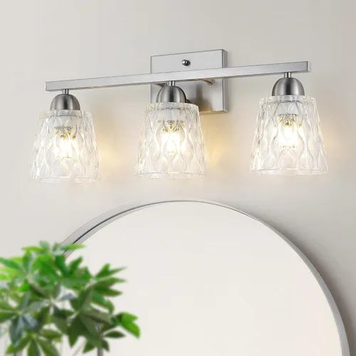 Vista 14 de Mecgirn Lámpara de tocador de baño de acero inoxidable sobre el espejo, 1 lámpara de baño dorada cepillada con pantallas de vidrio texturizado Oro