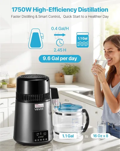 Vista 2 de VEVOR Destilador de Agua de 1750W, Fabricante de Agua Destilada de 0.4 Gal/H con Garrafa de Vidrio, Máquina Destiladora de Encimera de 4L/1.1 Gal