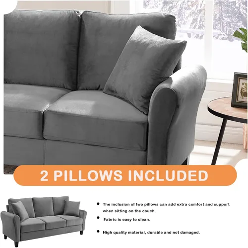Vista 5 de Sofá tapizado de terciopelo de 3 plazas con 2 almohadas, sofá moderno de 78 pulgadas con patas de madera maciza para sala de estar, apartamento