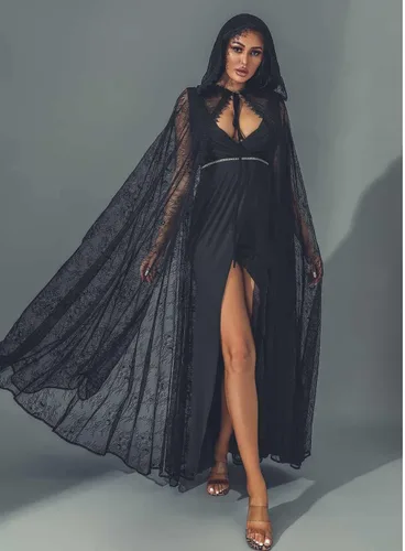 Vista 5 de Unicra Capa larga con capucha de encaje de longitud completa, capa larga para disfraz de Halloween, capa de fiesta de cosplay para mujer
