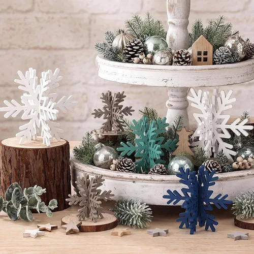 Vista 16 de Bucherry 12 piezas de decoración de mesa de copo de nieve de madera 3D con copos de nieve y centro de mesa para fiesta de congelados, Navidad