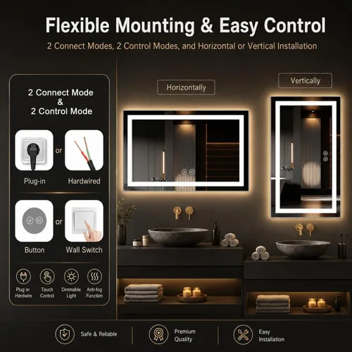 Vista 8 de Espejo LED plateado para baño, horizontal y vertical, con botón sensible (C-CK010)