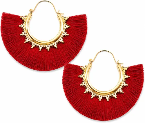 Vista 12 de Aretes de aro con borla, aretes colgantes de hilo de declaración, elegantes aretes largos con flecos, ligeros, largos y con gancho francés, para un