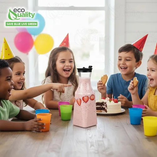 Vista 7 de EcoQuality Jarra de agua de plástico transparente de 54 onzas con tapa superior abatible negra, botella de base cuadrada con boquilla para barra