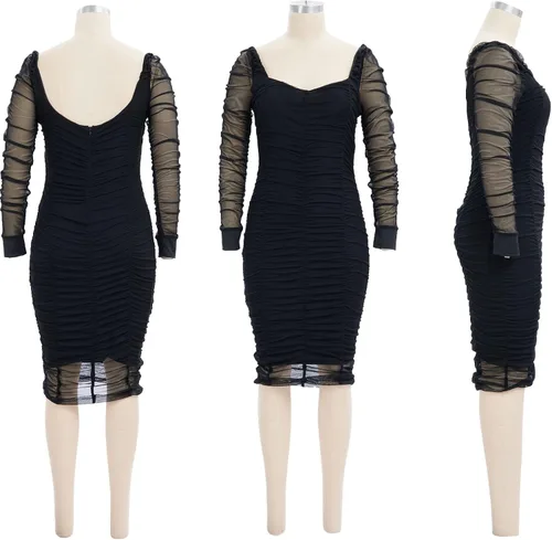 Vista 4 de Uni Clau Minivestido sexy de malla con cuello en V para mujer, de manga larga, transparente, para fiesta, noche, club, fruncido, entallado
