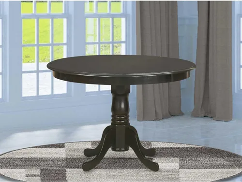 Vista 26 de HomeStock Mesa de comedor redonda de madera, mesa de cocina resistente para espacios pequeños, color negro y cereza/36 pulgadas sin gotas