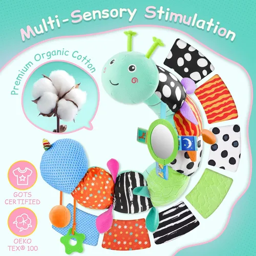 Vista 2 de Juguetes para Bebés Sensoriales Musicales de Animales de Peluche para Infantes de 0-3-6-12 Meses Tiempo Boca Abajo Recién Nacido, Oruga de Peluche