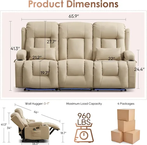 Vista 2 de TUNYI Wall Hugger - Sofá reclinable eléctrico para autocaravana, sofá biplaza reclinable con consola para teatro, sofá reclinable con USB/toma