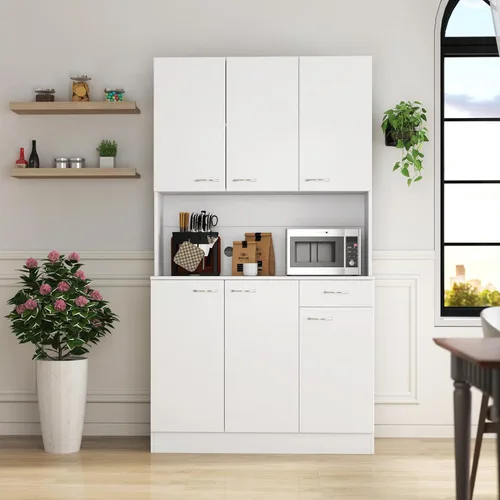 Vista 4 de 6-Door Tall Wardrobe & Kitchen Cabinet with Open Shelf and Drawer, White Design for Bedroom Use