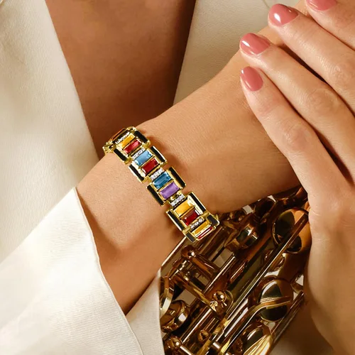 Vista 5 de Ross-Simons 22.50 ct. t.w. Multi-Gemstone Art Deco-Inspired Bracelet With Black Enamel in 18kt Gold Over Sterling