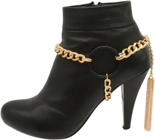 Vista 6 de Pulsera de botas de moda para mujer, cadena de metal, zapato de motociclista, negro, círculo, borla dorada, Metal