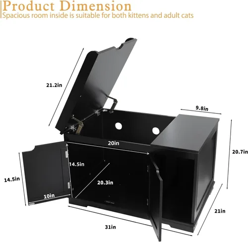 Vista 4 de PUPETPO Cajas de arena para gatos con tapa abatible, caja de arena cubierta, muebles ocultos, gabinete de baño de madera para gatos, gatos medianos