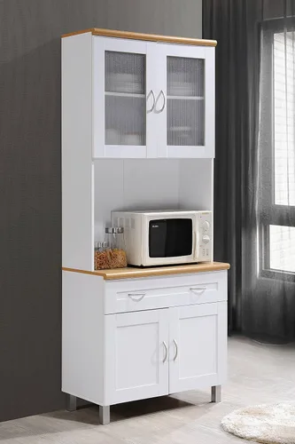 Vista 2 de HODEDAH IMPORT - Armario de cocina alto con espacio cerrado superior e inferior, 1 cajón, gran espacio abierto para microondas en color blanco