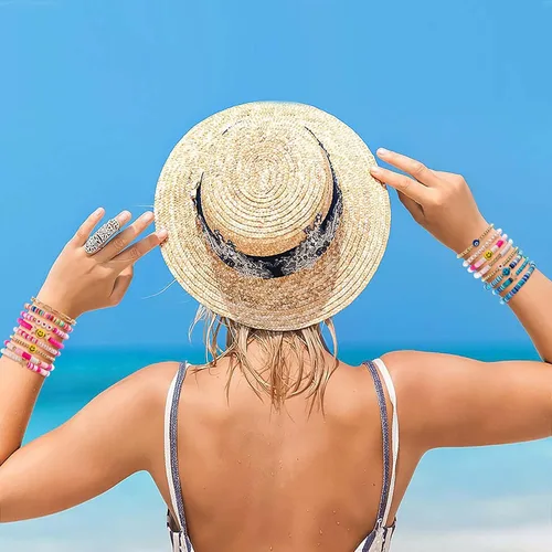 Vista 7 de Vitustua 16pcs Preppy Heishi Bracelets Set Stackable Colorful Cute Happy Face Charm Pearl Stretchy Beaded Bracelet Summer Beach Layering Bracelet