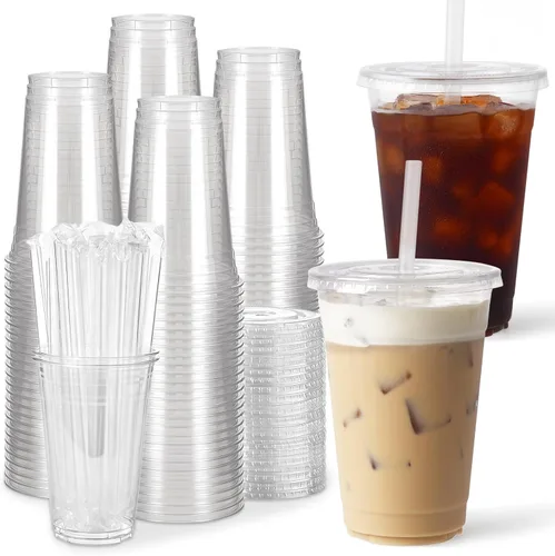 Vista 10 de Paquete de 100 vasos de plástico transparente de 16 onzas con tapas y pajitas, tazas desechables para café helado para llevar, vasos resistentes