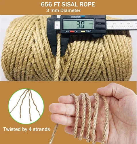 Vista 3 de Cuerda de sisal para rascador de gatos, cuerda para rascar gatos de 0.118 in 656 pies cordel de yute para rascar postes, reparar, recuperar