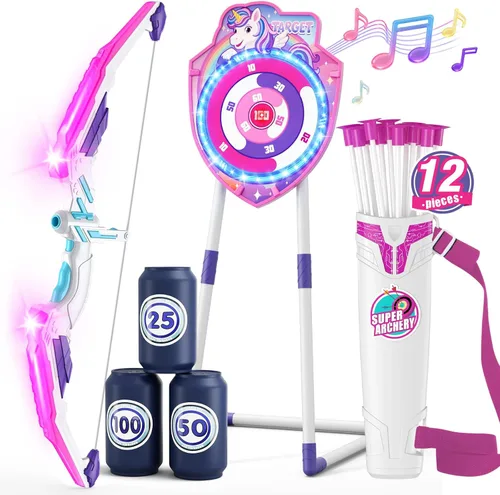 Vista 14 de HYES Arco y flecha para niños, juego de tiro con arco con luz LED con 12 flechas de ventosa, 1 objetivo para colgar, 3 objetivos de puntuación y 1