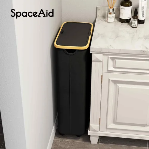 Vista 4 de SpaceAid Cesta de lavandería delgada con ruedas y tapa, cesta de ropa estrecha rodante de 62 litros con mango de bambú, canasta grande para ropa
