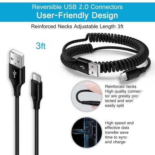 Vista 5 de Cable USB C para Android Auto Samsung de carga rápida para automóvil, paquete de 2 cables C en espiral de 3 pies, cable retráctil USB tipo C a USB A